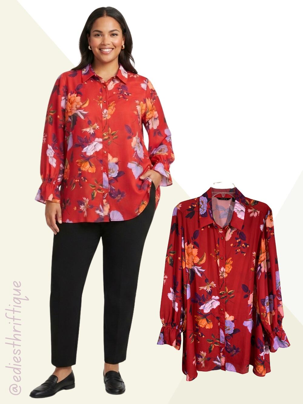 IMAN Global Chic Printed Floral Red Long Sleeve Everything Blouse Size 1X